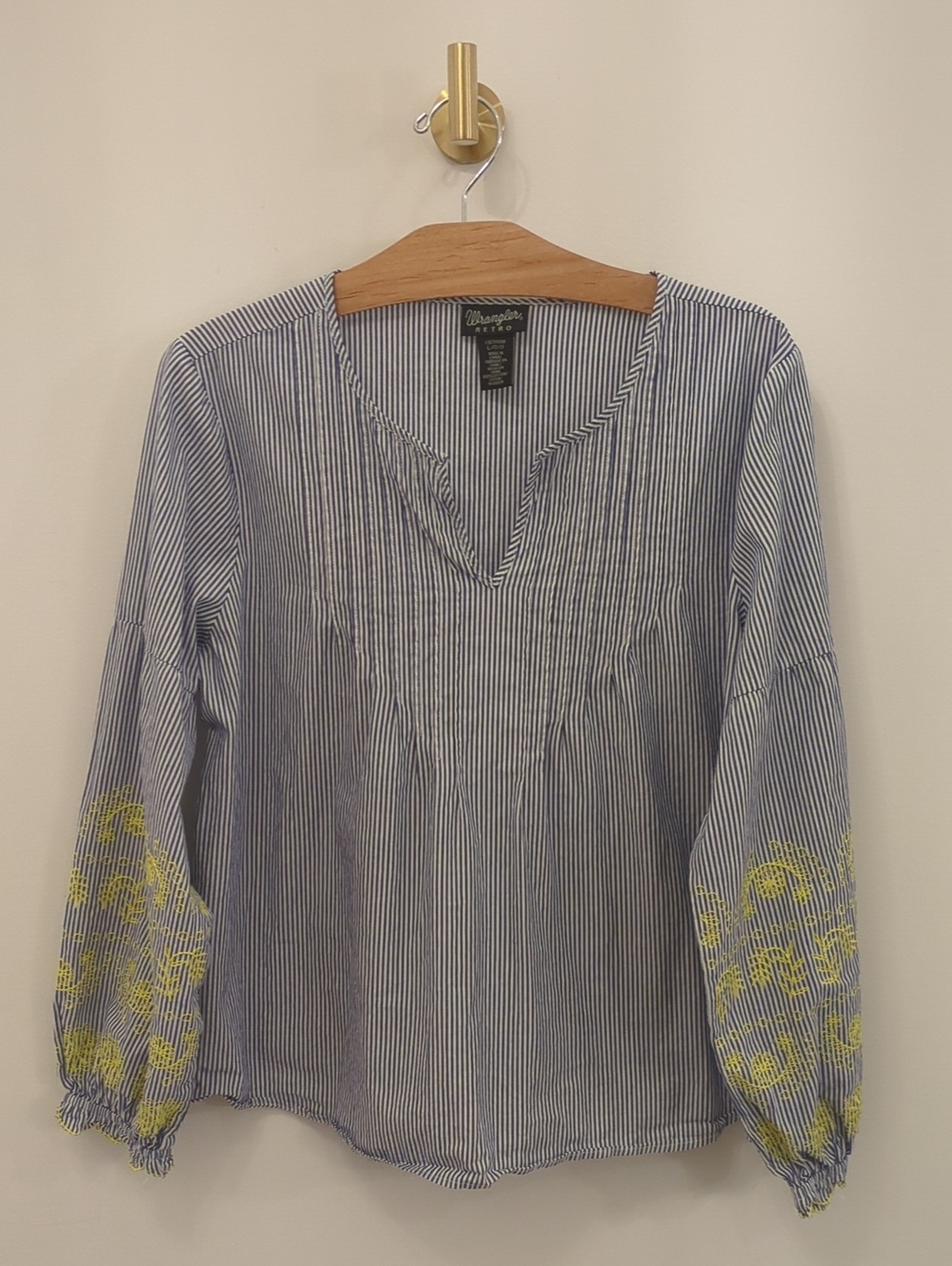 Wrangler Retro Blue & White Striped V-Neck Blouse with Yellow Embroidery